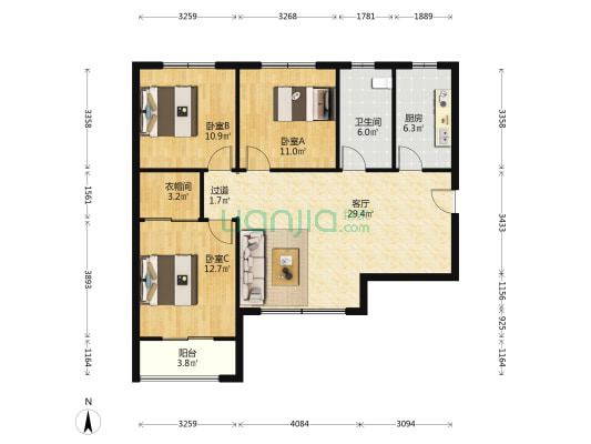 江南水乡 3室1厅1卫 121平方