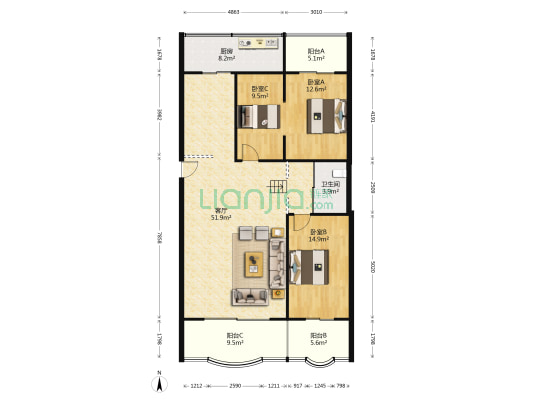 武警部队家属楼 3室1厅1卫 142平方