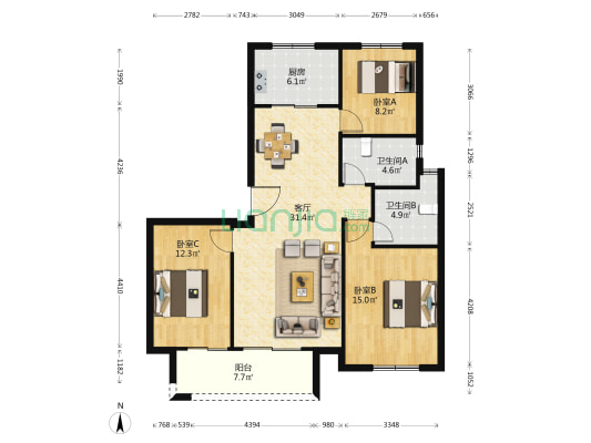 运河小镇三期 3室1厅2卫 120平方