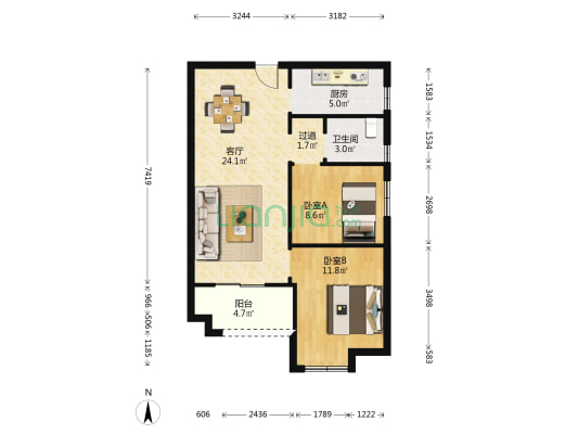 胜利丰园 2室1厅1卫 80平方