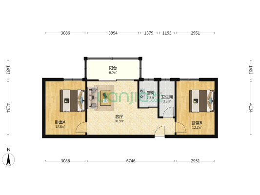 华景西街12-16号宿舍（双号） 2室1厅1卫 71平方