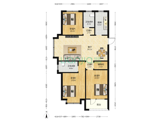 海祥小区 3室1厅2卫 127平方