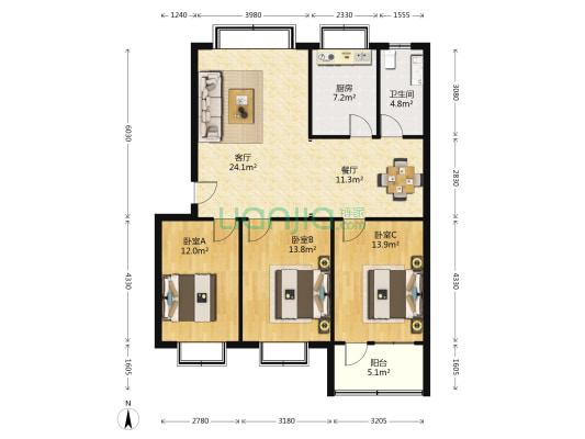 莲池苑 3室2厅1卫 112平方
