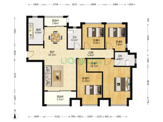 合景誉峰三期 4室1厅2卫 145平方