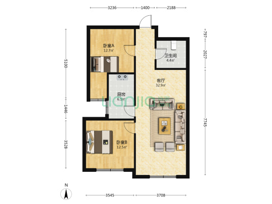 华宸·华庭 2室1厅1卫 92平方