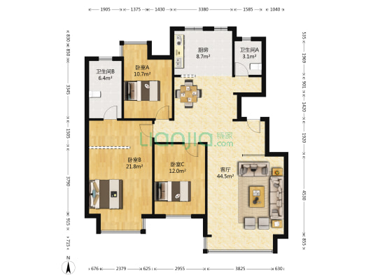 金地长青湾·丹陛 3室1厅2卫 137平方