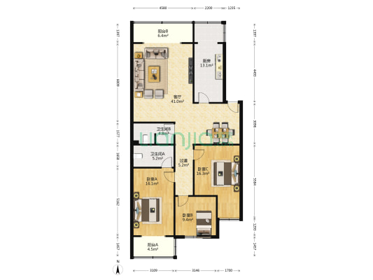 黄金洲公寓 3室1厅2卫 147平方
