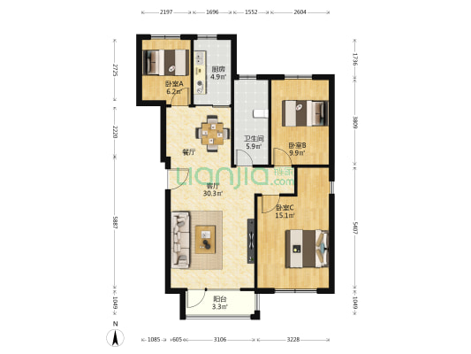 九洲东方水岸 3室1厅1卫 103平方