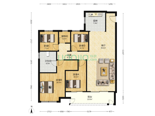 吾悦华府 4室1厅1卫 143平方