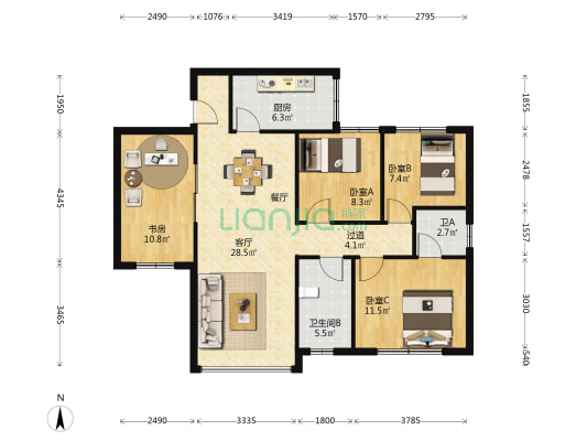 鹏程花园 4室1厅2卫 97平方