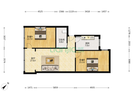 云虹花园 2室1厅1卫 84平方
