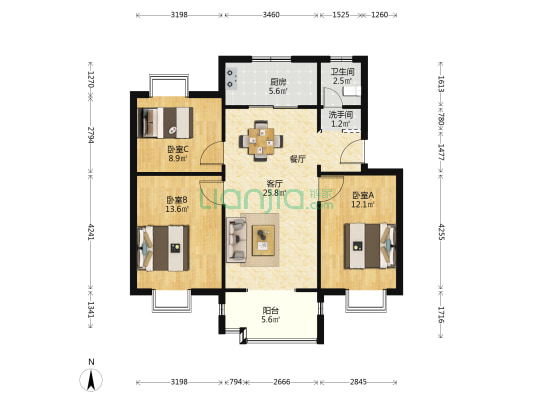 龙景花园南区 3室1厅2卫 92平方