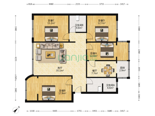 南昌路一段23号 4室2厅2卫 136平方