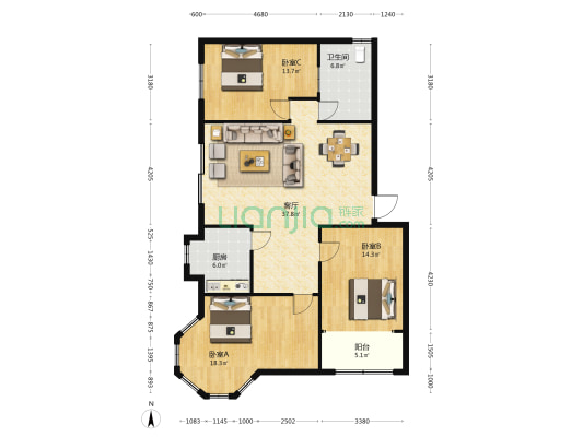 阳光花园(襄城区) 3室1厅1卫 123平方