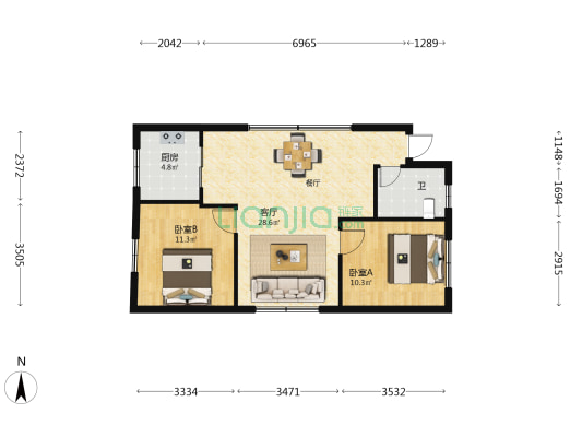 幼师单位宿舍 2室1厅1卫 77平方