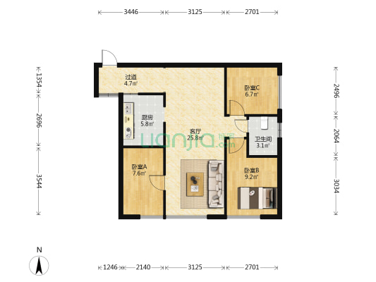 葡萄街区天宇广场 3室1厅1卫 84平方