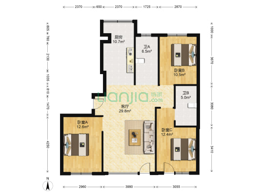 蓉桥一号C区 3室1厅2卫 129平方