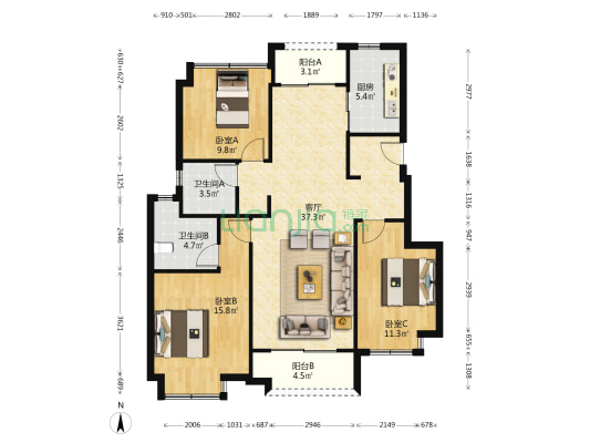 金轮水映华庭 3室1厅2卫 112平方