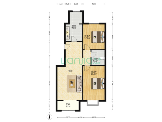 钢研院住宅，环境好，一梯两户，南北2居室-户型图