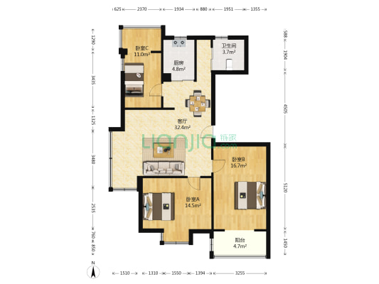 江南庭园 3室1厅1卫 114平方