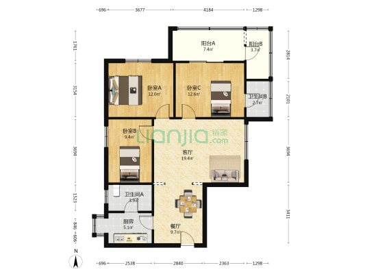 湖南省工商银行北苑宿舍 3室2厅2卫 104平方