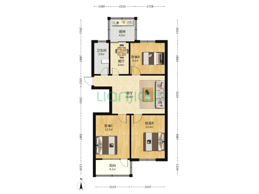 青年路13号院 3室2厅1卫 86平方