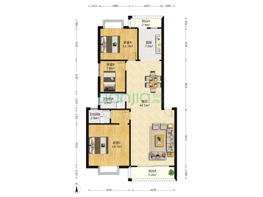 雅美新城花园 3室1厅2卫 114平方