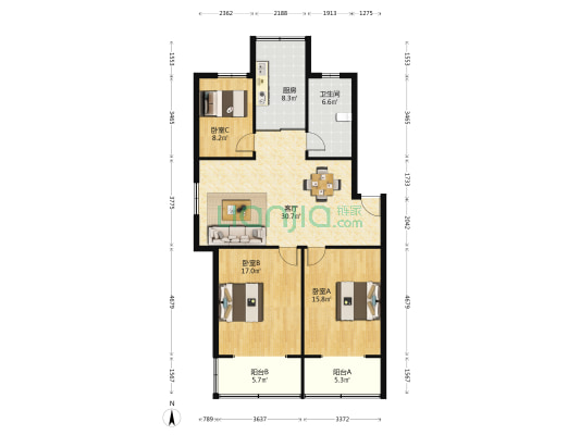 奥体新城(如皋市) 3室1厅1卫 119平方
