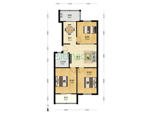 惠宾饭店家属楼 3室2厅1卫 93平方