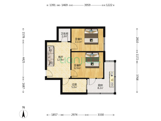 西北一路44号院 2室1厅1卫 55平方