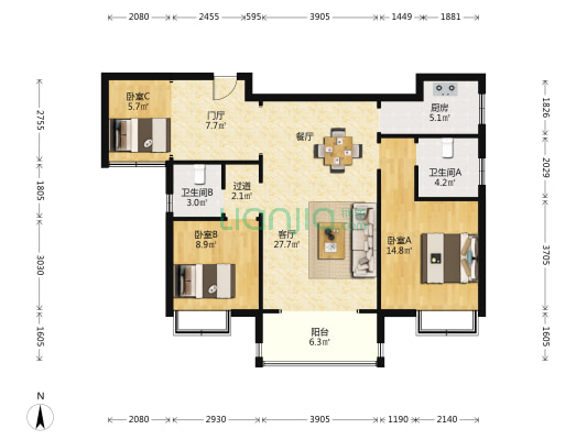青龙湖·国际公馆 3室1厅2卫 105平方