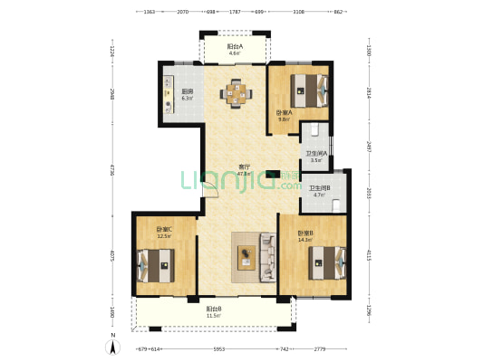 兆基御园 3室1厅2卫 139平方
