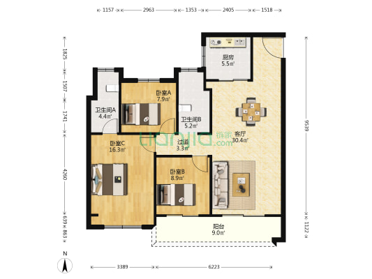 碧桂园水利楚州府 3室1厅2卫 118平方