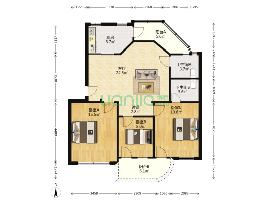 月渡大厦 3室1厅2卫 110平方