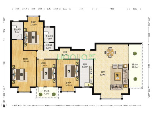 仙葫时代俊园 4室1厅3卫 168平方