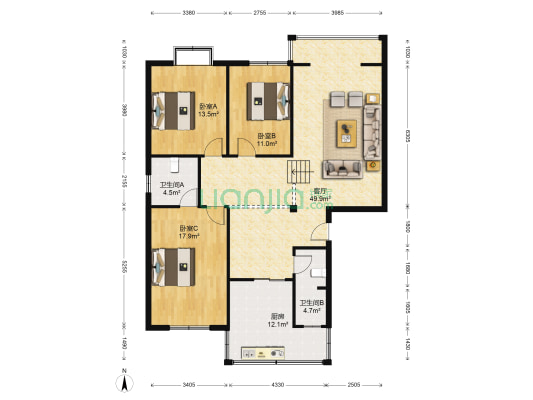 胜利街91号 3室1厅2卫 134平方