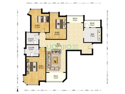 御景园凤凰层精装未住大三居出售-户型图