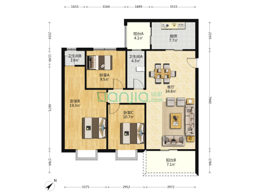 宏新华苑 3室1厅2卫 112平方