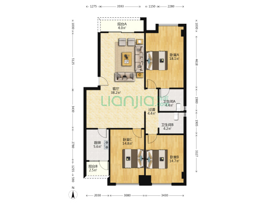四合大院 3室1厅2卫 127平方