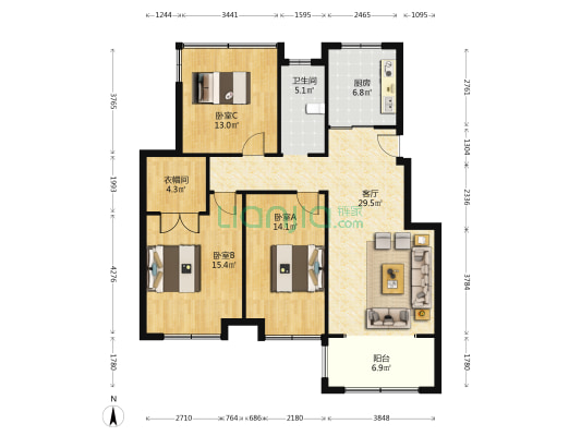 明发桃源熙岸 3室1厅1卫 110平方