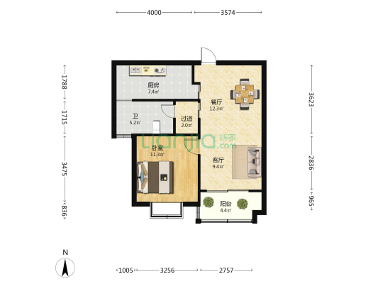 鹿都景苑 1室2厅1卫 64平方