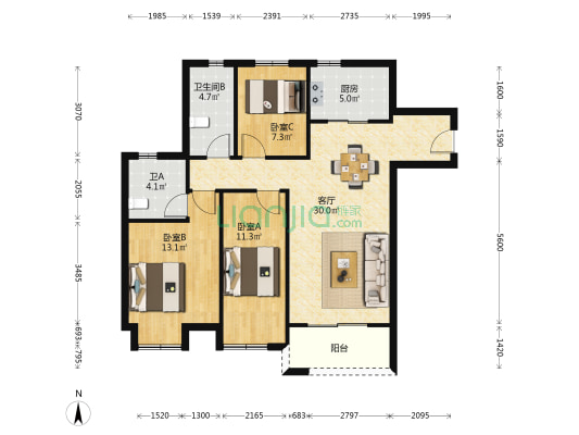 海伦春天 3室1厅2卫 108平方