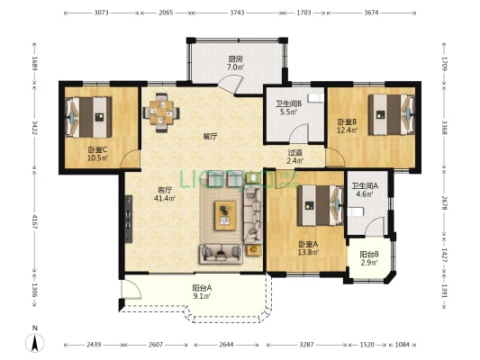 东丽园(市桥) 3室1厅2卫 128平方