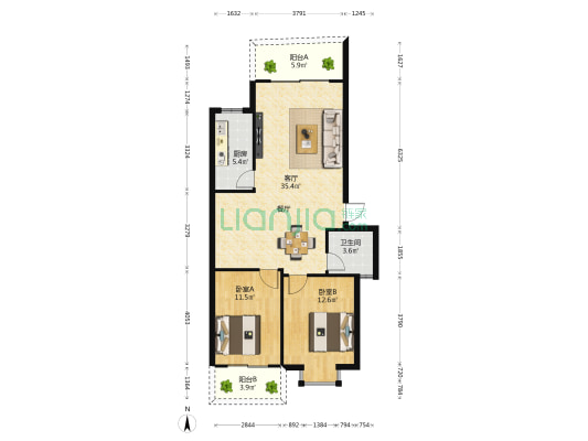 丽坡苑小区 2室1厅1卫 90平方