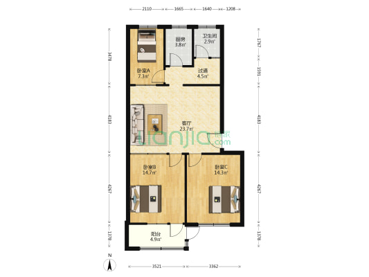 宝岛街地税局宿舍 3室1厅1卫 100平方