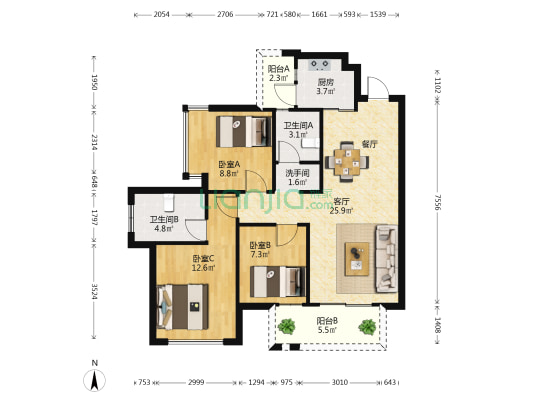 天健和府 3室1厅3卫 93平方