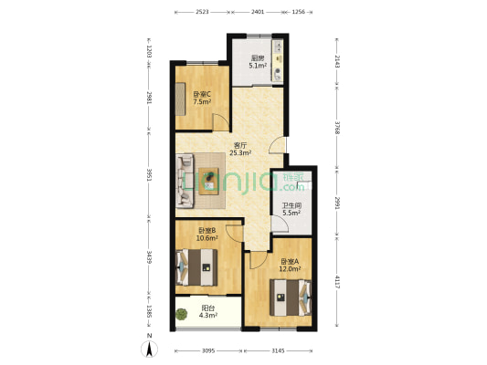 阜康花园 3室1厅1卫 87平方