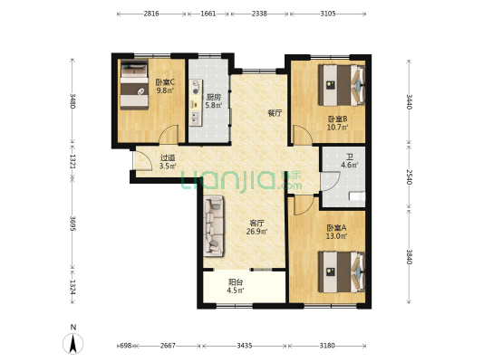 祥泰花园 3室1厅1卫 109平方
