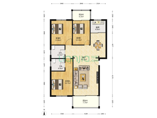 佳业阳光大第 3室1厅2卫 125平方