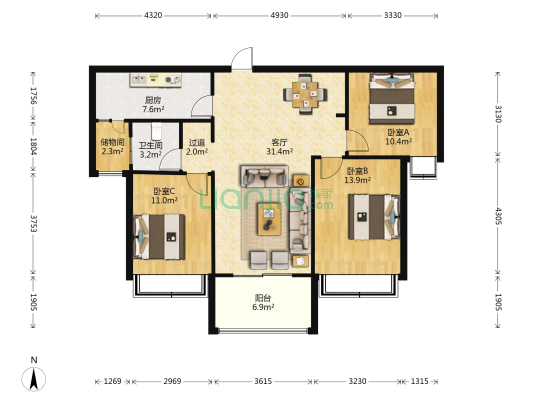 同信滨江贰号 3室1厅1卫 115平方